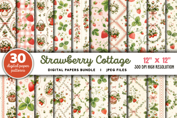 Download Strawberry Cottage Digital Paper Bundle - Cottage digital paper Collection