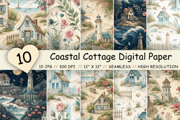 Download Coastal Cottage Digital Paper Pack - Cottage digital paper Collection