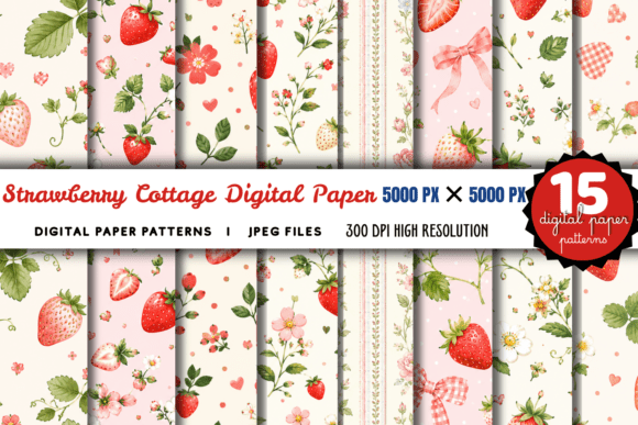 Download Strawberry Cottage Digital Paper Bundle - Cottage digital paper Collection